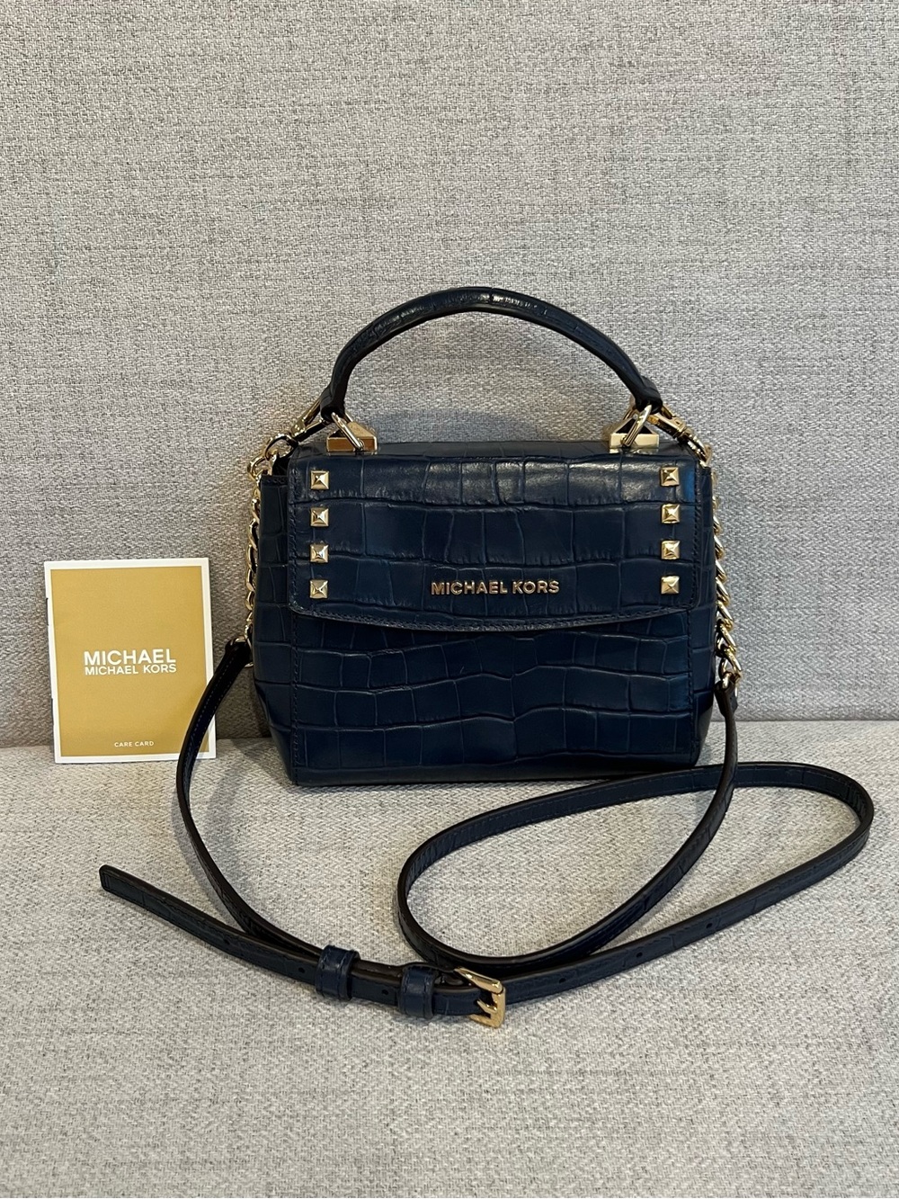 Michael Kors Karla Navy Croc-Embossed Top-Handle Mini Crossbody Bag